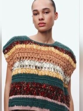 Zara Multistripe Crochet Knit Sweater Vest - Teal, Mustard, Brown, Pink